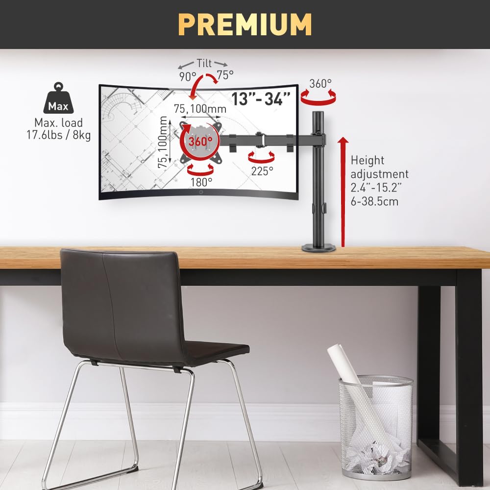 Barkan Monitor Desk Mount for Flat/Curved Screens Sizes 13-34 inch, Full Motion - 5 Movements, Ergonomic, 360 Degree Rotation, Touch & Tilt, Holds up