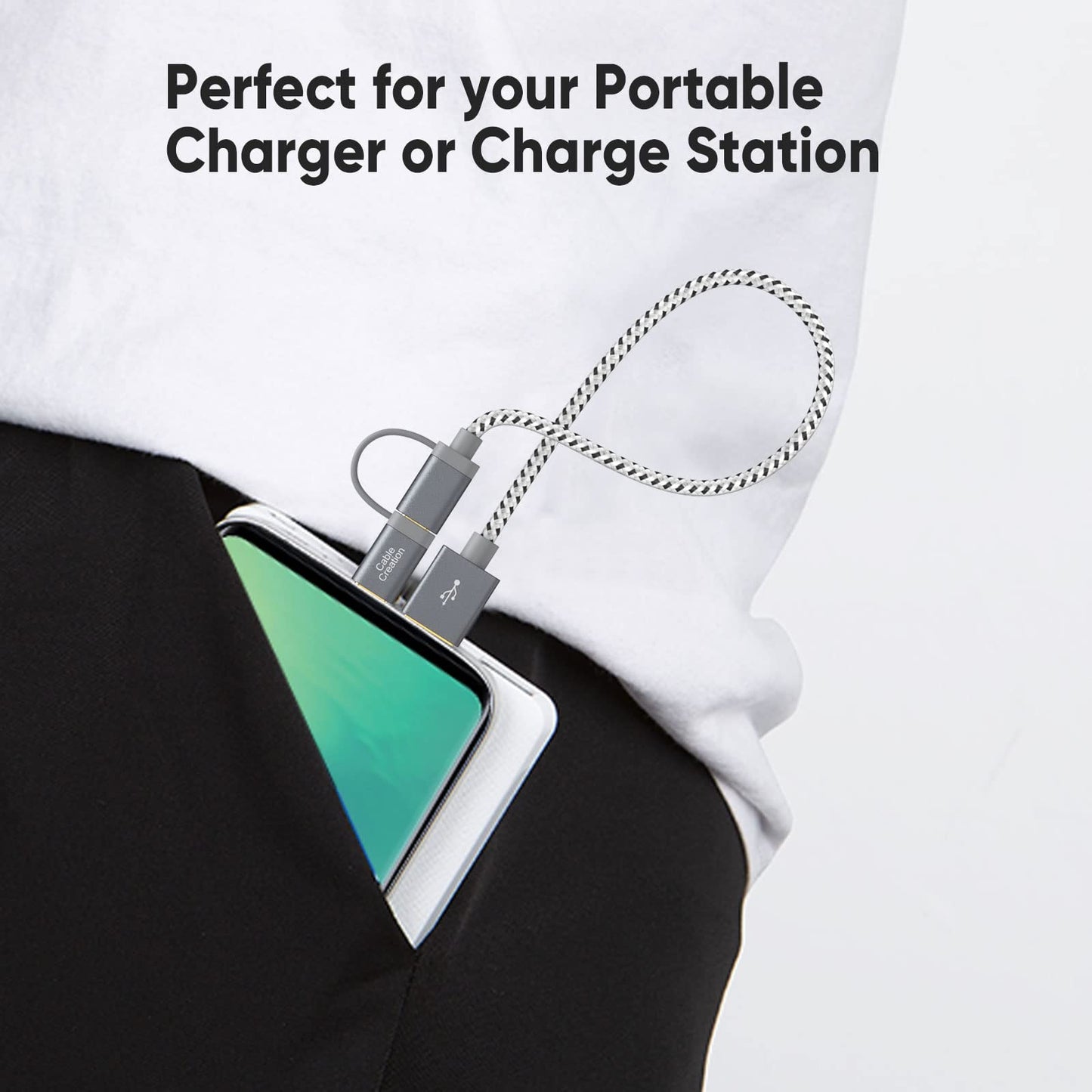 CableCreation 2 in 1 USB C Cable 0.8ft, Braided Micro USB + USB C to USB A Fast Charge Cord Compatible with Galaxy S22 Ultra Note 8, Pixel XL, Android