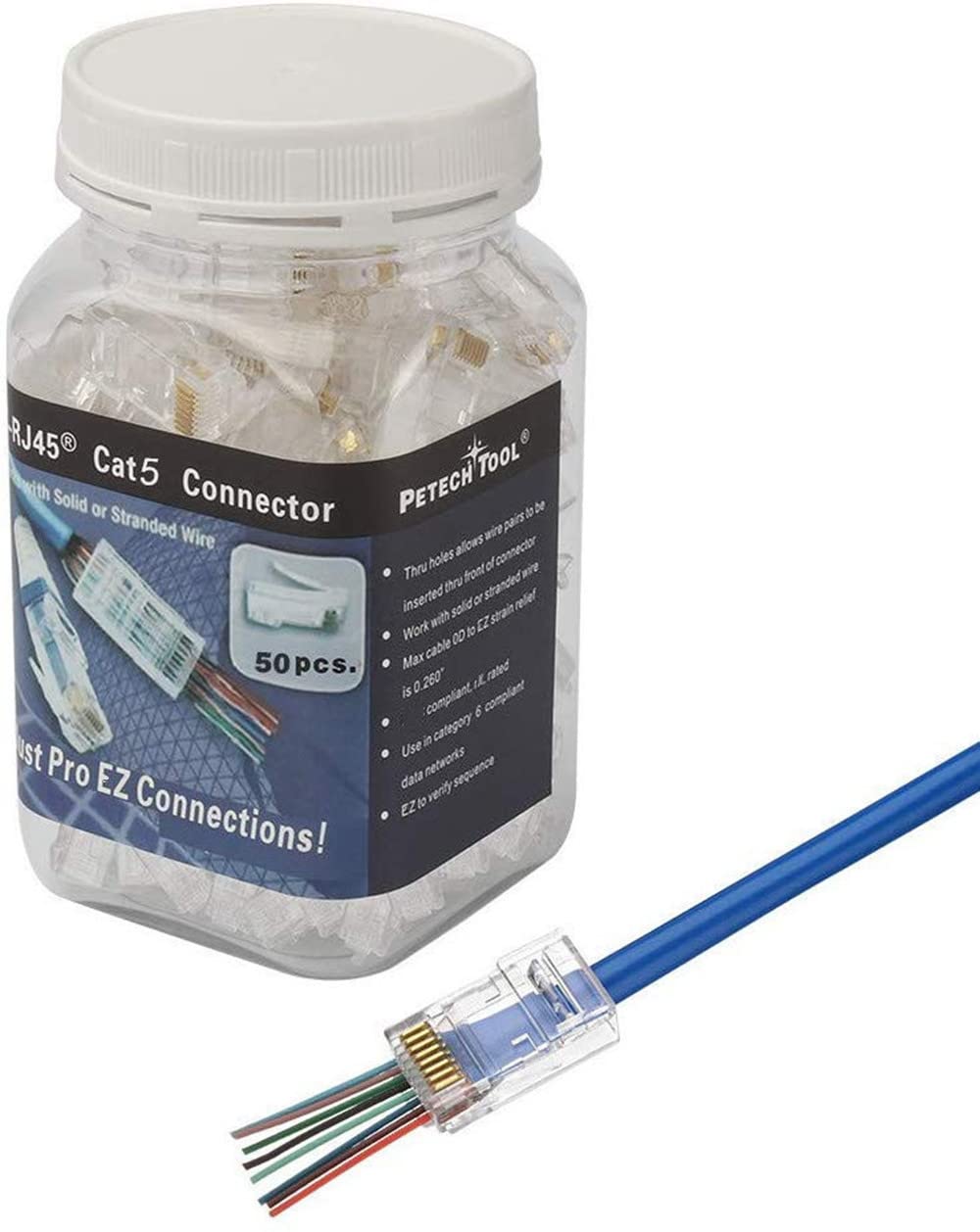 RJ45 CAT5 CAT5e Pass Through Connectors 50Pack End Ethernet 8P8C GoldPlated Modular Plug for Unshielded Twisted Pair Solid Wire Standard Cables