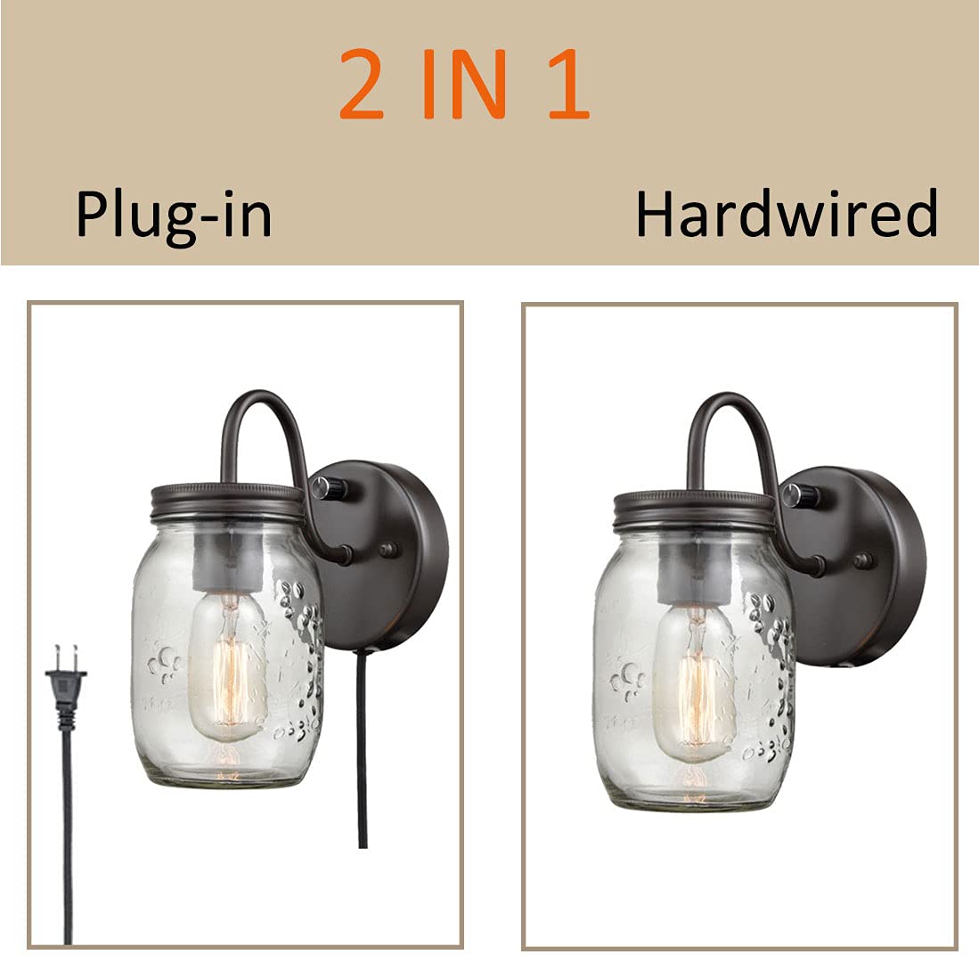 DIRYZON EUL Vintage Mason Jar Light Fixture Clear Glass 2-Pack Wall Lights Oil Rubbed Bronze
