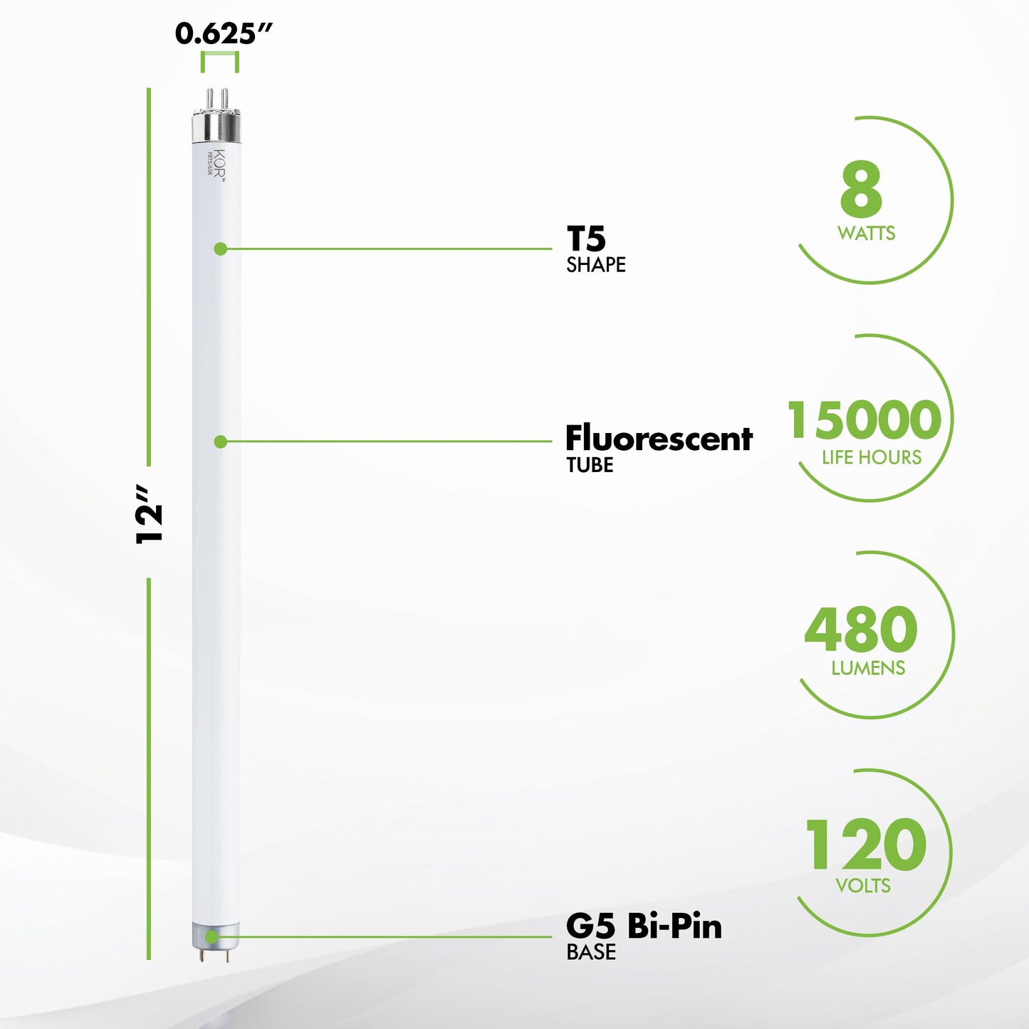 KOR F8T5 12" Fluorescent Tube Light Bulbs, 8W, 6500K Daylight, 6-Pack