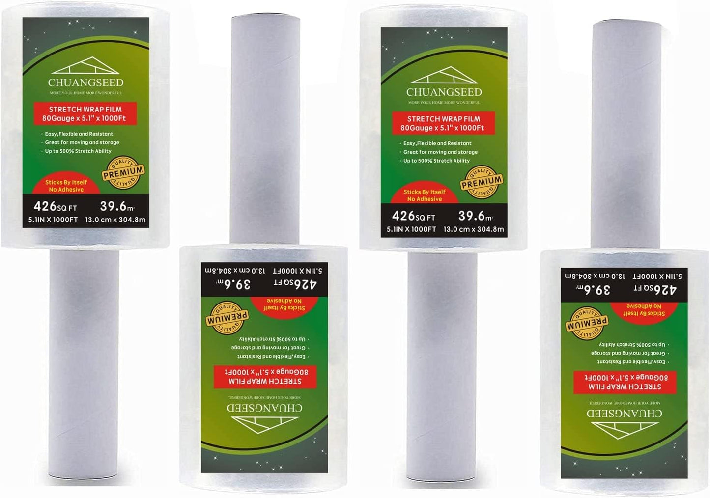 4-Pack Industrial Mini Clear Stretch Wrap Film 80 Gauge 5.1" 1000ft for Pallet Wrap, Durable Self-Adhering Packing, Moving, Packaging, Heavy Duty