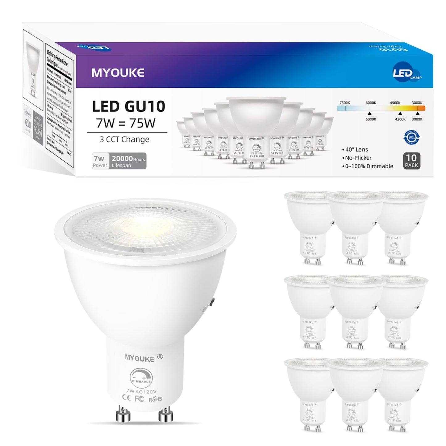 MYOUKE Dimmable GU10 LED Bulbs, 70W Halogen Bulb Equivalent, 3 Color Selectable 3000K 4200K 6000K, 7 Watt, 650 Lumens, 120V LED GU10 Spotlight, 40°