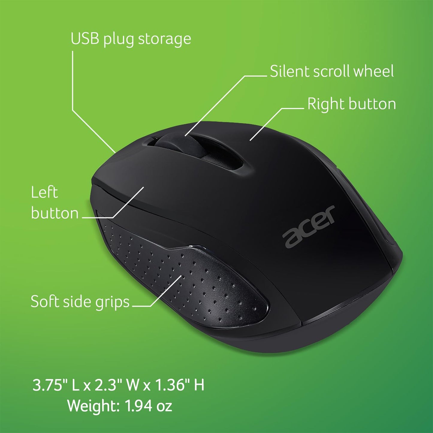 acer RF Wireless Mouse M501 (Black), Works with Chromebook, with USB Plug and Play for Right/Left Handed Users (for Chromebooks, Windows PC & Mac