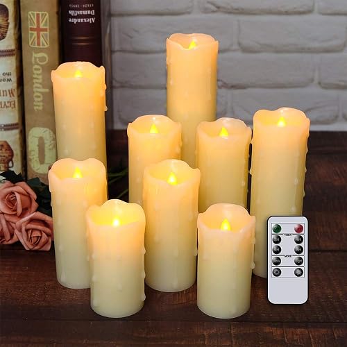 DRomance Flameless Flickering Candles Battery Operated with Remote and Timer, Set of 9 Dripping Real Wax Warm Light LED Pillar Candles for Holiday