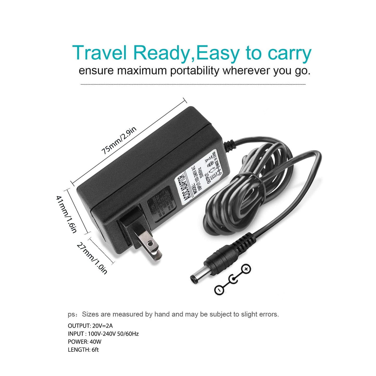 20V 2A AC DC Power Supply Adapter 20 Volts 2 Amps US Wall Charger, DC Plug 5.5x2.1mm & 2.5mm for 20volt 0.5A 0.8A 1A 2A, 500mA 800mA 1000mA 2000mA…