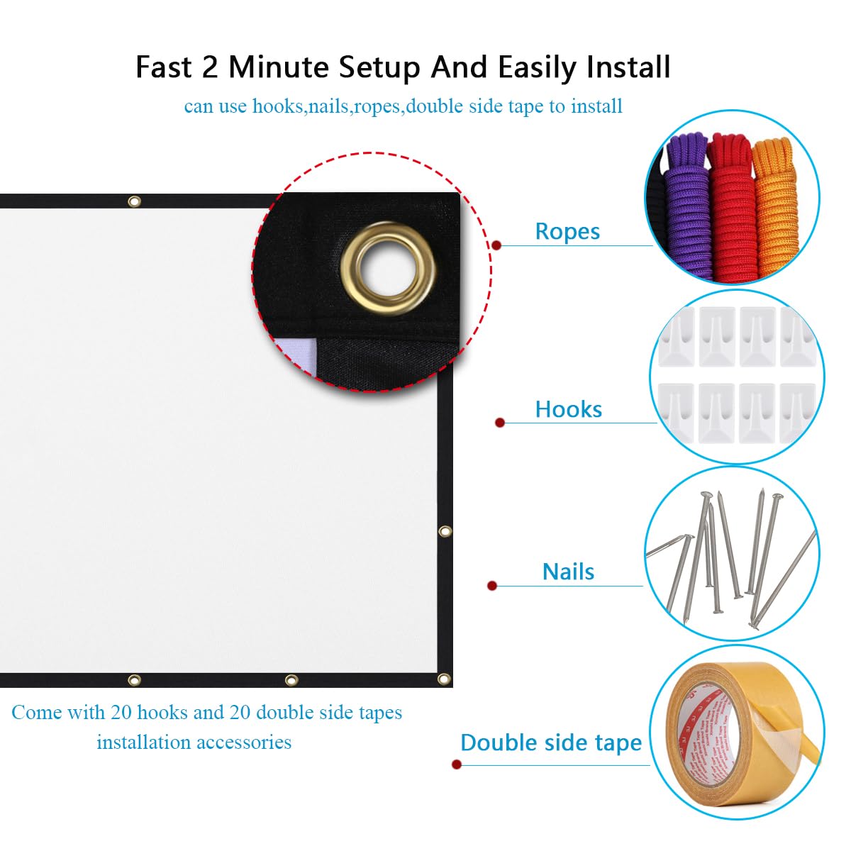 Mdbebbron 120 inch Projector Screen 16:9 Foldable Anti-Crease Portable Projector Movies Screens for Home Theater Outdoor Indoor Support Double Sided