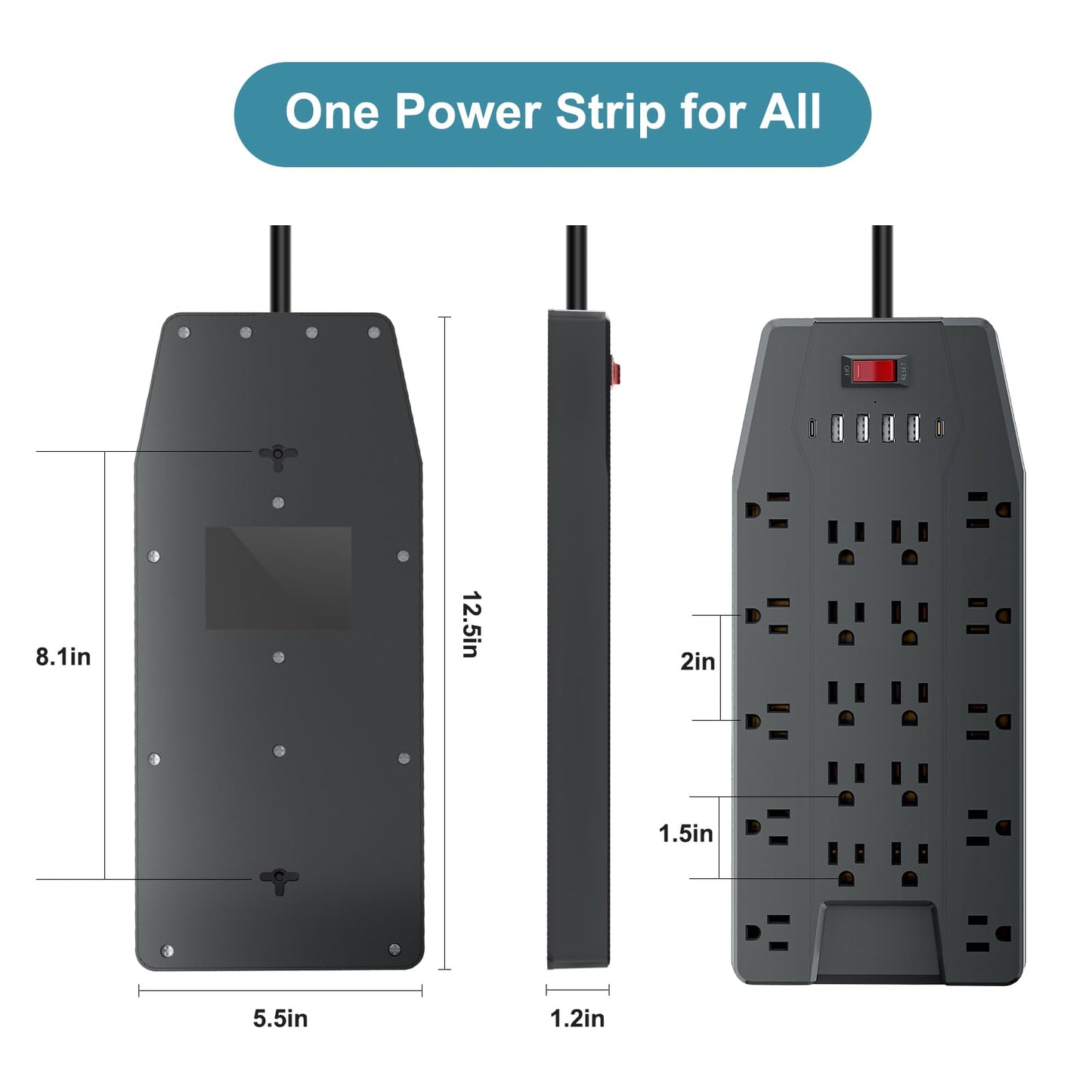 ZHANGONG Surge Protector Power Strip with 20 AC Outlets, 6 USB Ports (2 USB C), 1875W/15A, 2000J, 6.5FT Flat Plug Heavy Duty Extension Cord with 2