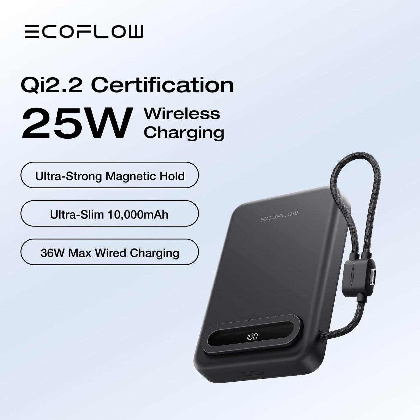 EF ECOFLOW Rapid Mag Power Bank, Qi2.2 25W MagSafe-Compatible Portable Charger, 10,000mAh Magnetic Power Charger with Built-in USB-C Cable