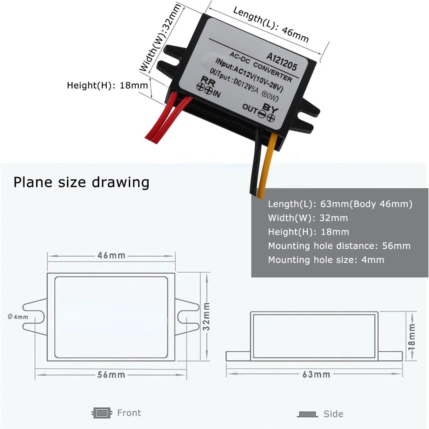 Step Down Converter Power Converter Waterproof Step Down Volt Converter AC 10-28V to DC 12V Buck Converter AC-DC Step Down Power Module(5A)