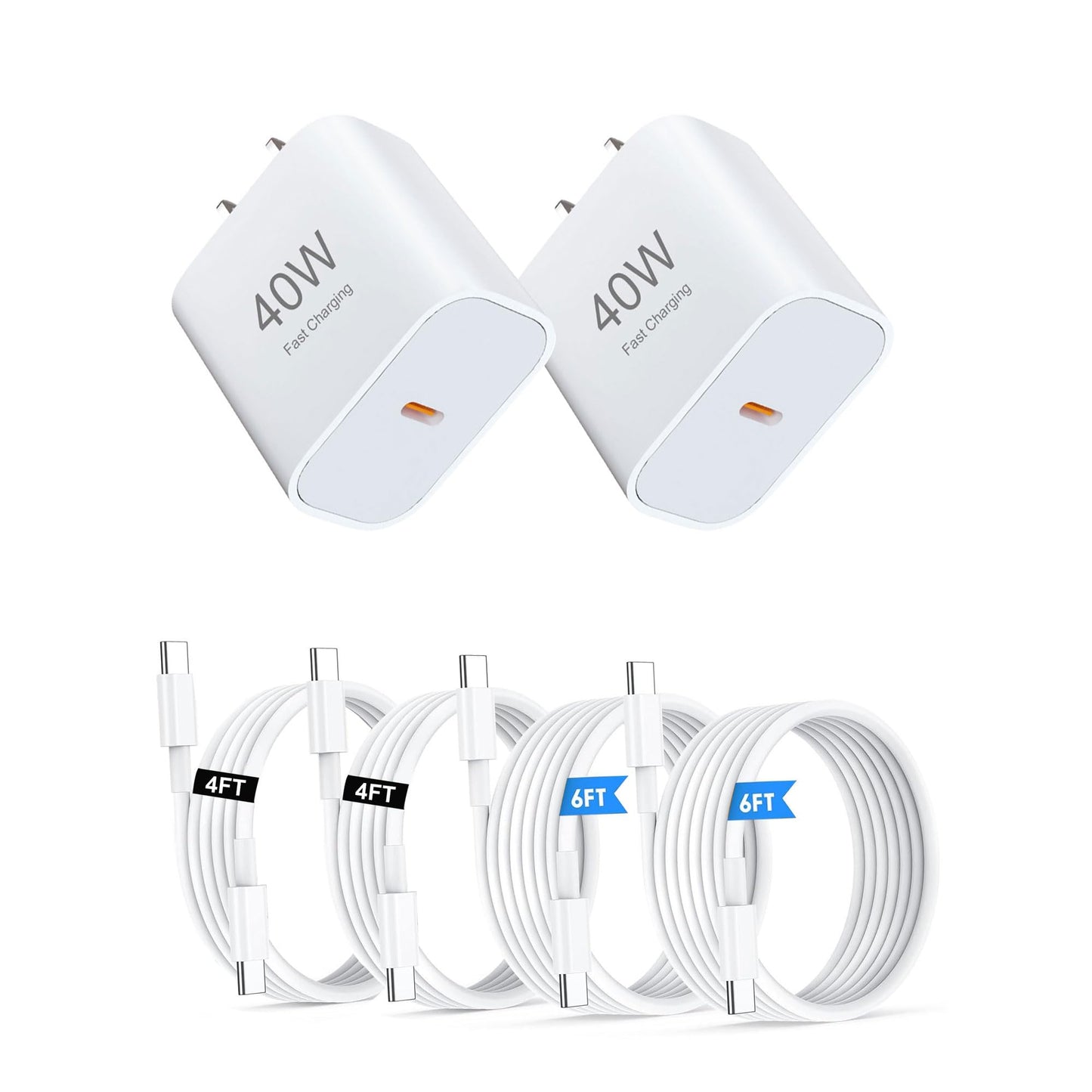 40W USB C Charger Block, 2-Pack Fast Charging Adapter with 4FT & 6FT Type C Cables(2 Each), PD 3.0 Wall Charger Plug Compatible with iPhone 17/17
