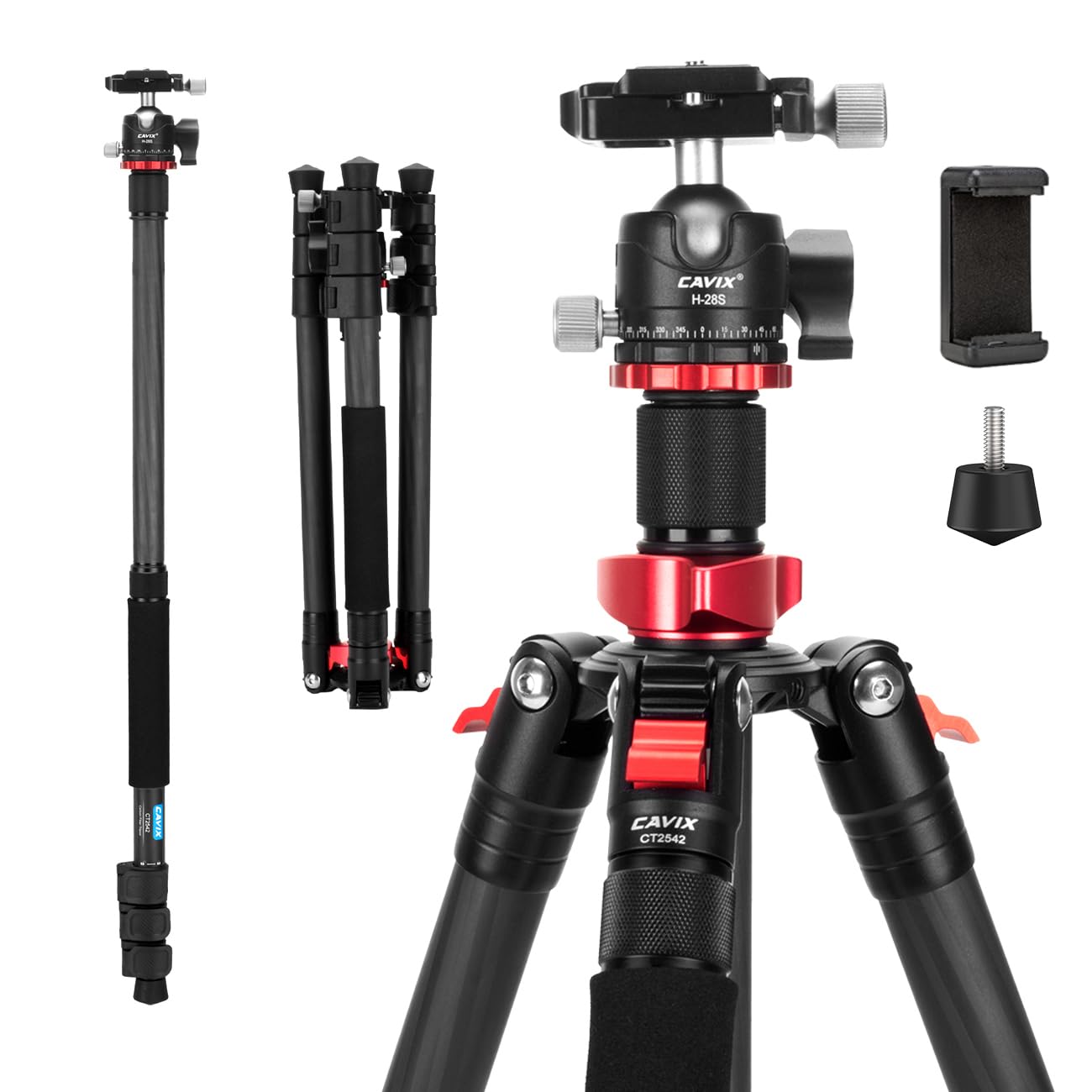 CAVIX Professional 62" Carbon Fiber Camera Tripod, Tripod & Monopod 2 in 1, Lightweight Travel Tripod with 360° Ball Head, Arca Quick Release, 22lb