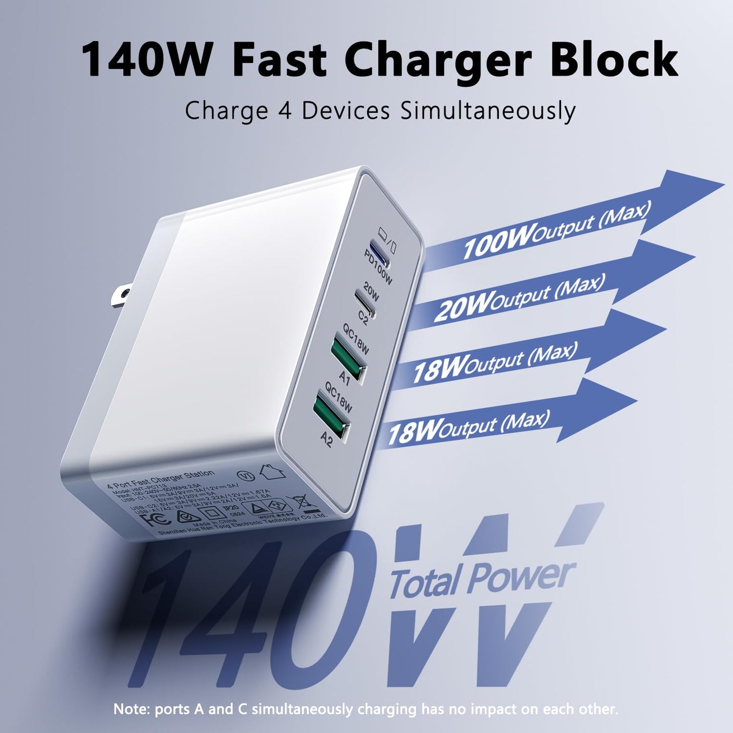 sccvee USB C Charger 140W GaN, 100W Laptop Power Adapter Fast Charger Block, 4-Port Charging Station USB C Power Adapte Compatible with MacBook