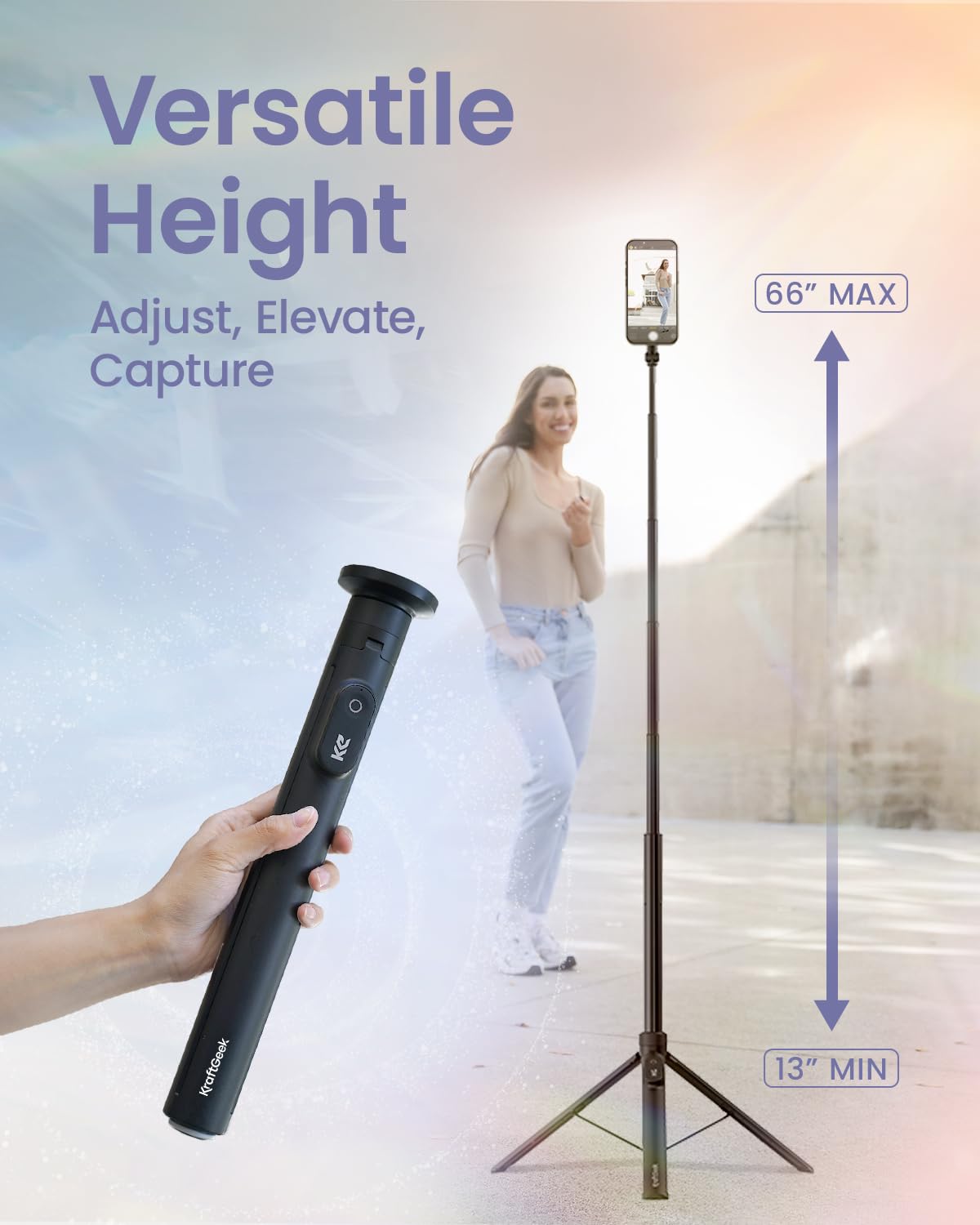 KraftGeek Magnetic Phone Tripod for iPhone MagSafe - 66'' Automatic Selfie Stick with Remote, Portable Tripod Stand for Video Recording, Travel