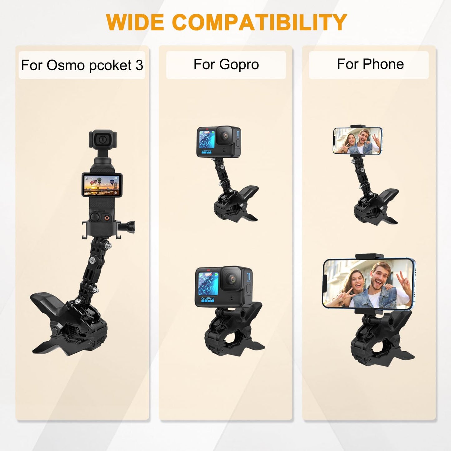 Jaws Flex Clamp Mount Adjustable Camera Clip Mount Fence Mounts for DJI Osmo Pocket 3 2 Action 5 4 3, for GoPro Hero 13, 12, 11, 10, 9, 8, 7, 6, 5, 4