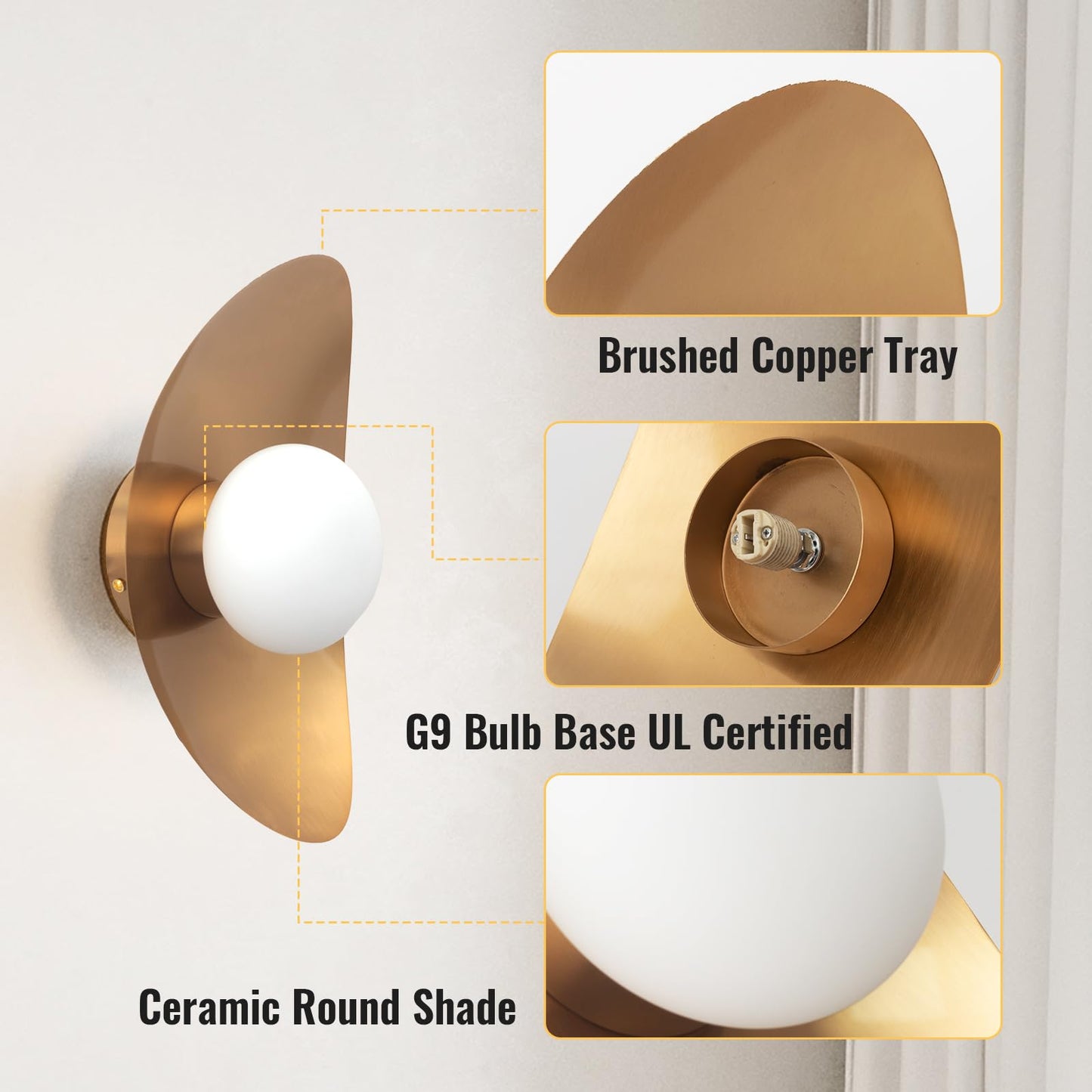 Qepeety Mid Century Modern Wall Sconce, Glass Wall Light Fixtures Vintage Crescent Shape Gold Brushed Finish LED Wall Mount Light for Living Room