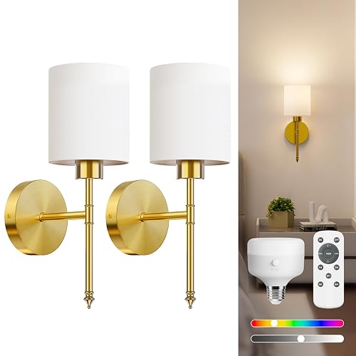 NIORSUN 15 inch Battery Operated Wall Sconce Set of 2, Gold Wireless Rechargeable Wall Lights with 5200mAh Dimmable Detachable Bulbs and Remote, 9