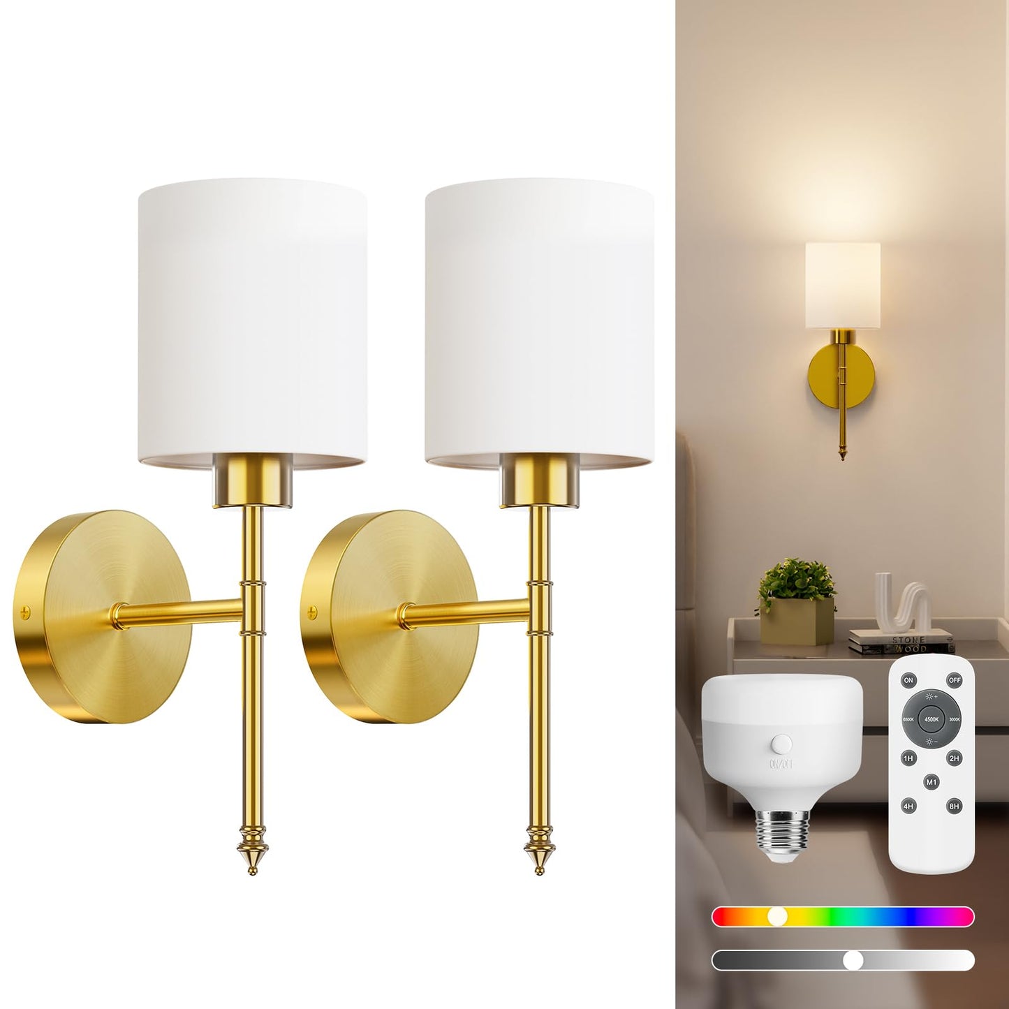 NIORSUN 15 inch Battery Operated Wall Sconce Set of 2, Gold Wireless Rechargeable Wall Lights with 5200mAh Dimmable Detachable Bulbs and Remote, 9