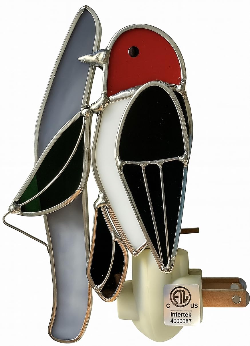 Red-Headed Woodpecker Stained Glass Night Light - Made from Real Stained Glass and Plated with a Silver Finish for Strength and Beauty