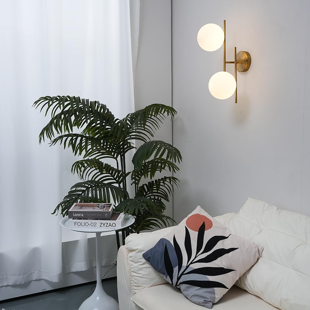 LZPZRUI Modern Gold Wall Sconce with 2 Frosted Glass Globe Shades, Mid-Century Style, 18" x 9.8