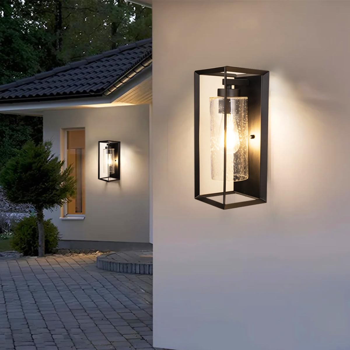 AMUMO Craly 14" H Outdoor Wall Lights, Outdoor Wall Sconce Exterior Waterproof Wall Lantern with Clear Seeded Glass Shade, Anti-Rust Black Metal Frame