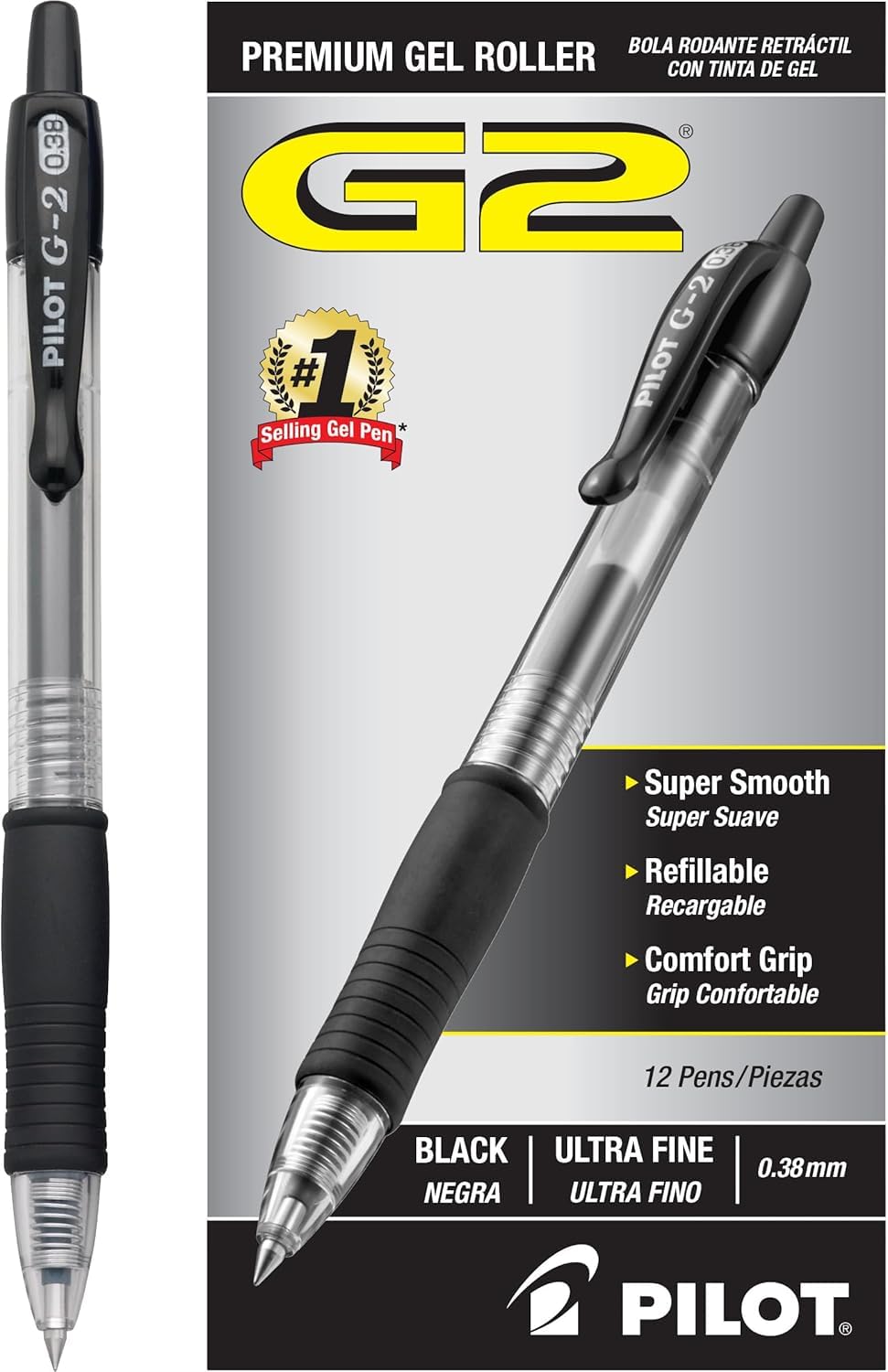 PILOT G2 Premium Refillable and Retractable Rolling Ball Gel Pens, Ultra Fine Point, Black Ink, 12-Pack (31277)