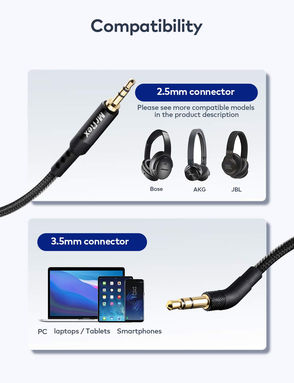 Mr Rex Nylon Braided 2.5mm to 3.5mm Audio Aux Cable for Bose 700 QuietComfort Ultra QC45 QC35II QC35 QC25 Headphones, JBL E45BT E55BT Headsets…