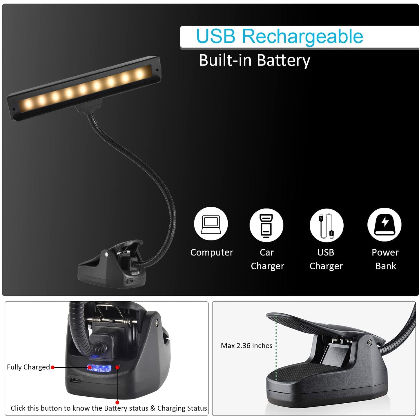 Rechargeable Music Stand Light, 19 LEDs Clip On Reading Light - 3 Level Brightness Settings, 3 Color Temperature Optional (Warm/Cool White/Natural