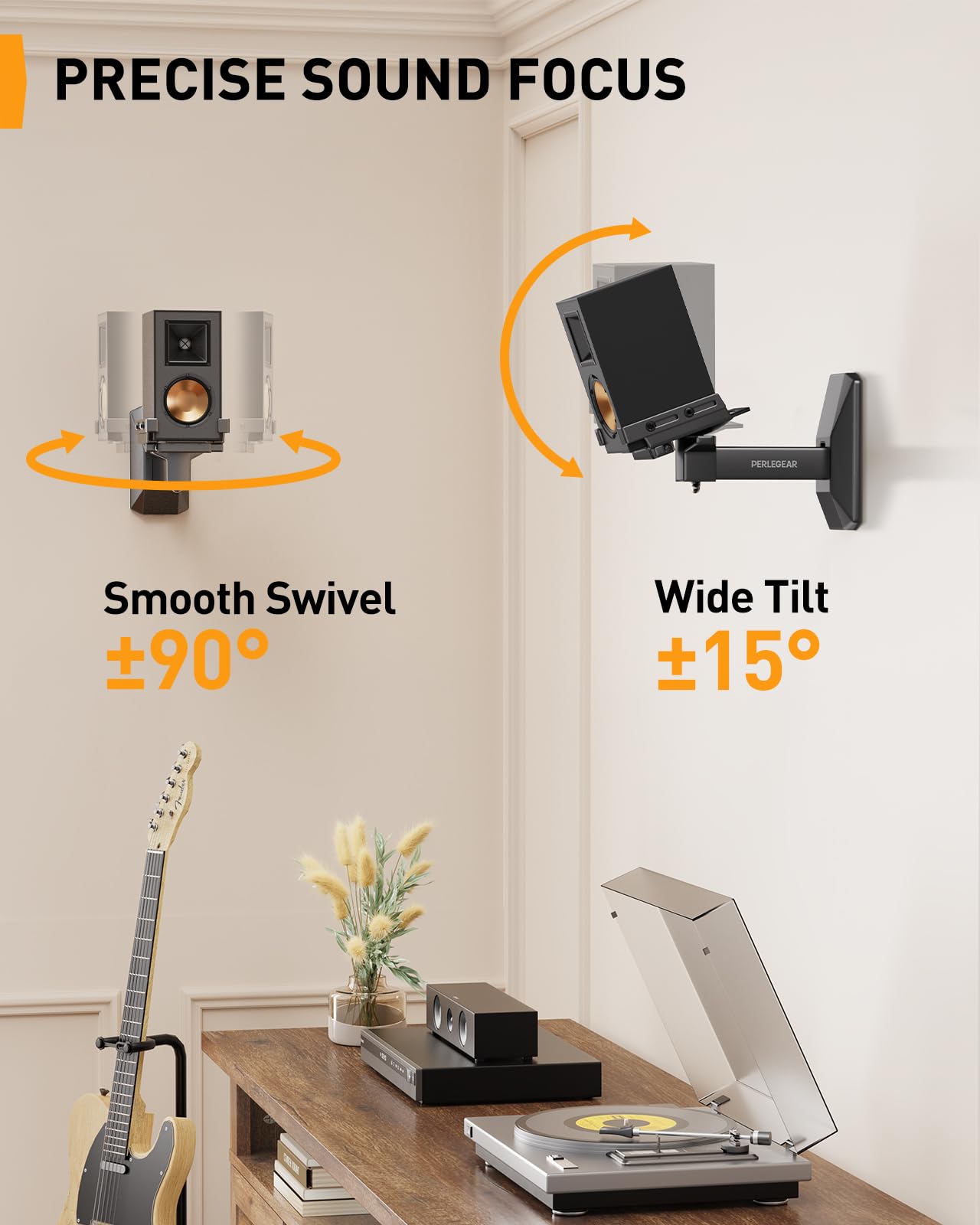 Perlegear Speaker Wall Mounts, Bookshelf Speaker Mounting Brackets with Dual Side Stable Clamp Design, Wide Tilt & Swivel Shelf for Large Surrounding