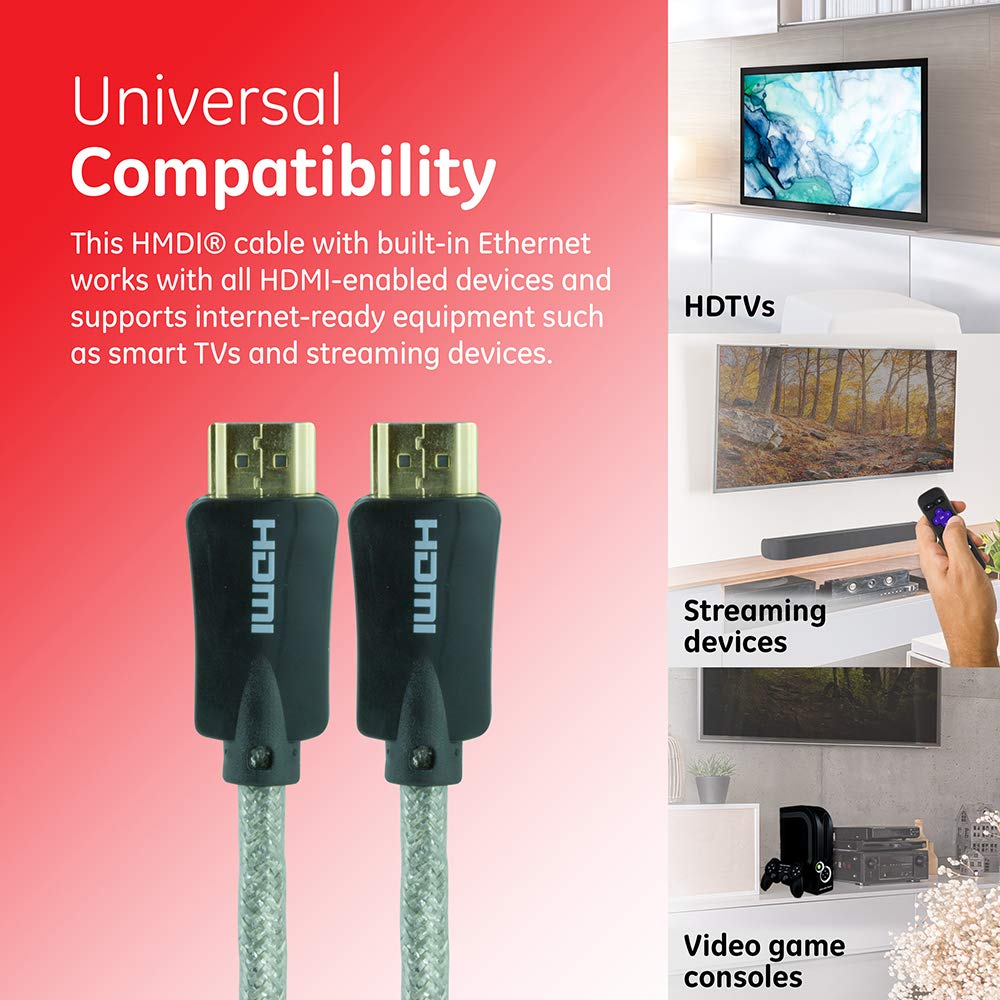 GE 4K HDMI Cable, 6 ft. 2 Pack, HDMI 2.0 High Speed 18 Gbps with Ethernet, 4K 60Hz, 1440p 1080p 120Hz, HDR, for HDTV, Streaming, Blu-ray, Gaming, PS4