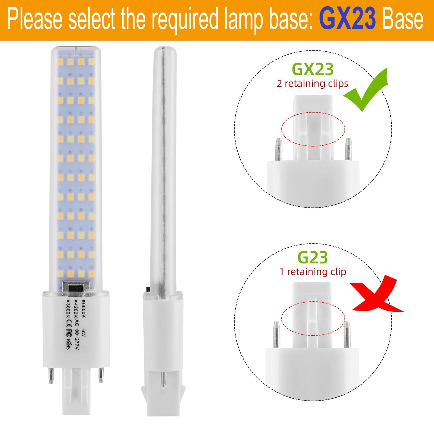 Lidesheng GX23 LED Light Bulb 6W Replacement 13W CFL LED Stick PL Bulb GX23-2 Pin Base, 3 Color Selectable 3000K/4200K/6000K 360° Beam, Driven by