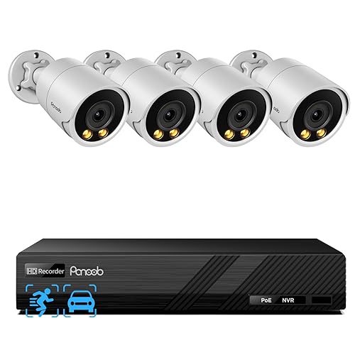 PANOOB Security Camera System PoE, 4X 4MP Wired Bullet IP Cameras Outdoor Built-in Microphone, AI Human Vehicle Detection, 5MP 8CH NVR (NO HDD), Smart
