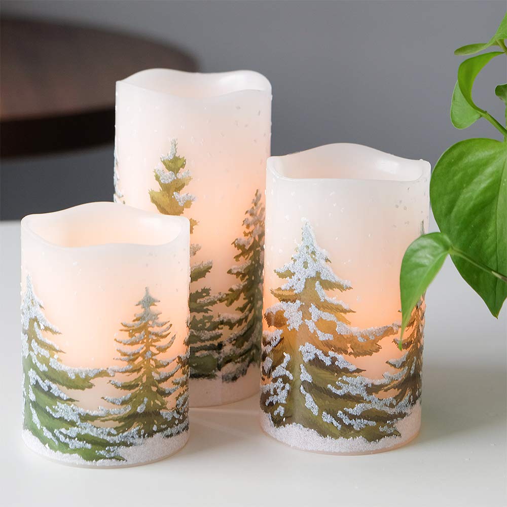DRomance Christmas Flameless Candles with 6 Hour Timer, 3 Pack Real Wax LED Pillar Candles Warm Light Flickering Holiday Decor(Green Christmas Tree, 3
