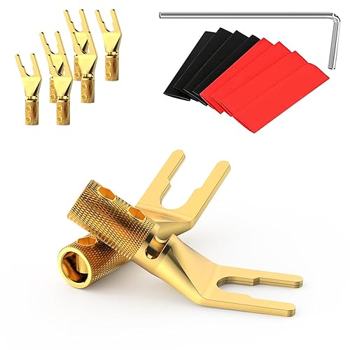 Tertullus 8 Pcs Speaker Spade Connectors Pure Copper Gold Plated Y Plug 45 Degree Screw Locking Adapter Fork Spade Plugs for Speaker Wire DIY(with