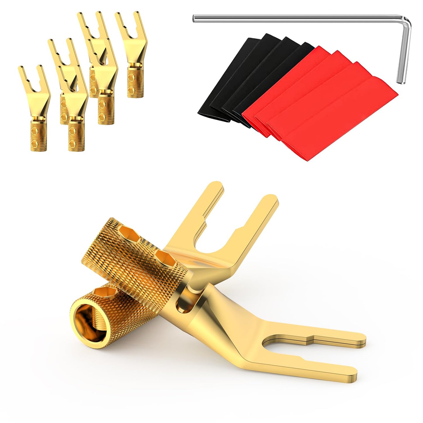 Tertullus 8 Pcs Speaker Spade Connectors Pure Copper Gold Plated Y Plug 45 Degree Screw Locking Adapter Fork Spade Plugs for Speaker Wire DIY(with
