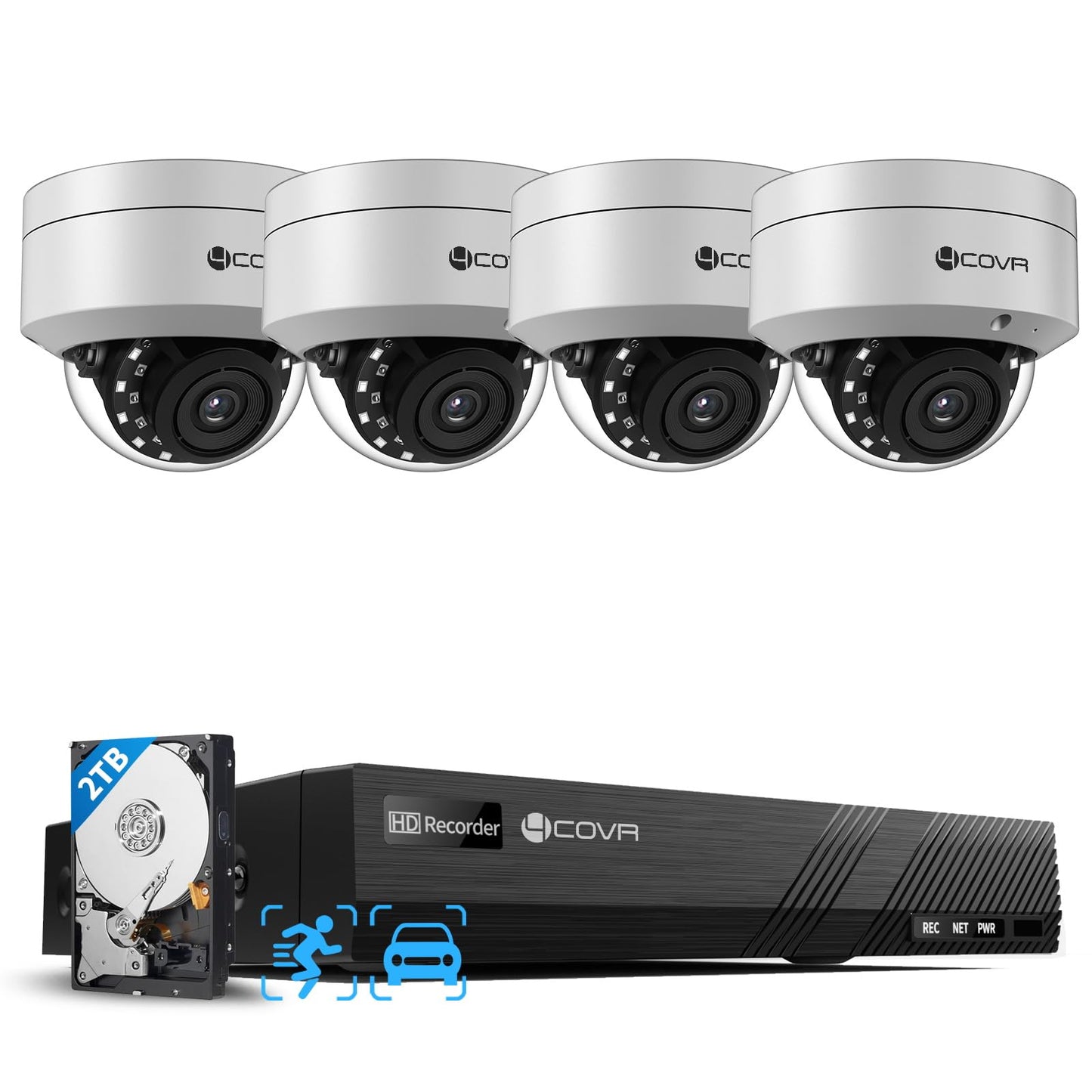 4COVR PoE Security Camera System, 4Pcs 5MP IK10 Vandal-Proof Dome PoE IP Camera with Mic, AI Human Vehicle Detection, 8CH 8MP H.265 NVR with 2TB HDD