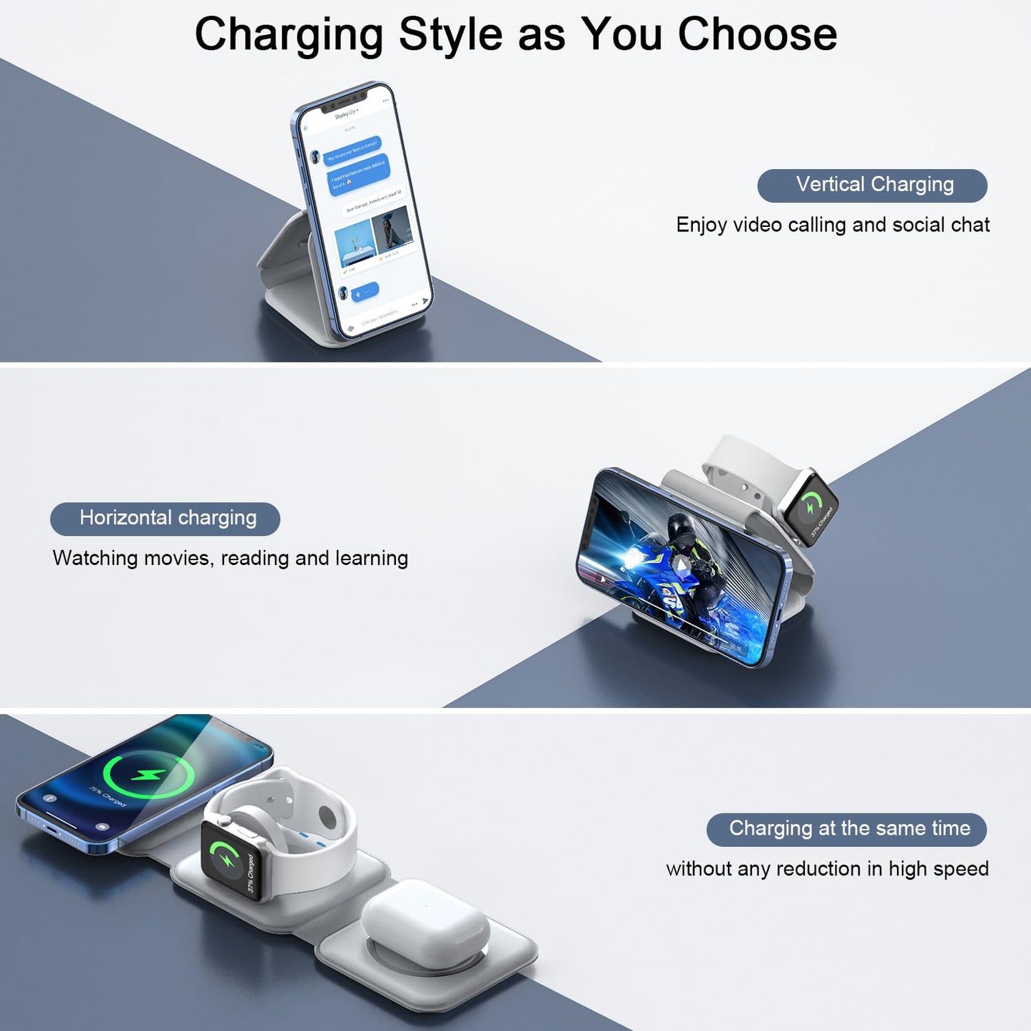 Wireless Charger 3 in 1,RTOPS Magnetic Traval Wireless Charging Station Multiple Devices,GaN 3 in 1 Charging Station,Compatible