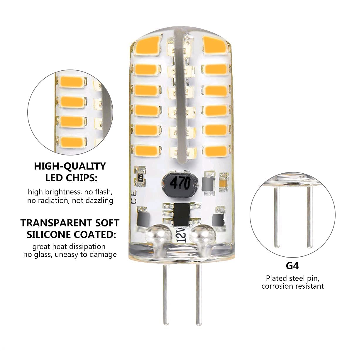G4 LED Bulbs 12V 3W Bi-Pin LED Light Bulbs 48×3014 SMD 20W Halogen Bulb Replacement Silicone Coated Shatterproof 220 Lumens 360° Beam Angle AC/DC