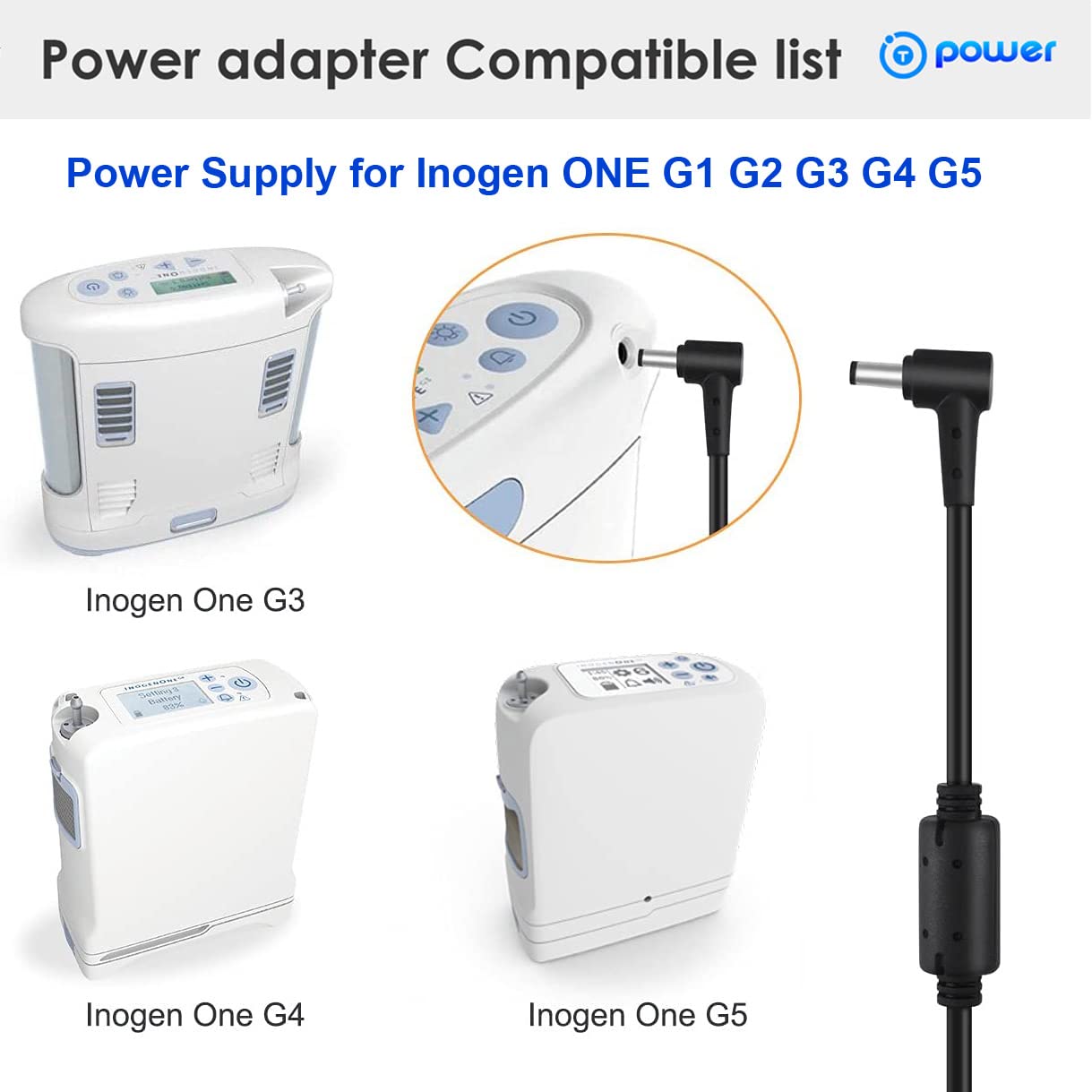 T POWER 120w Charger for Inogen One G1 G2 G3 G4 G5 Oxygen Concentrator Catalog# BA-107 BA-106 BA-301 BA-302 BA-303 19V 6.3A Ac Dc Adapter Power…