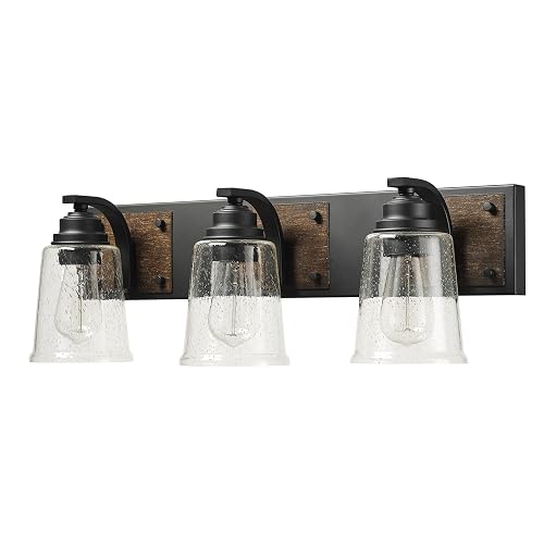 Globe Electric 51852 3-Light Vanity Light, Bathroom Wall Fixture, Matte Black and Dark Faux Wood Finish, Clear Seeded Glass Shades, E26 Base, Dimmable