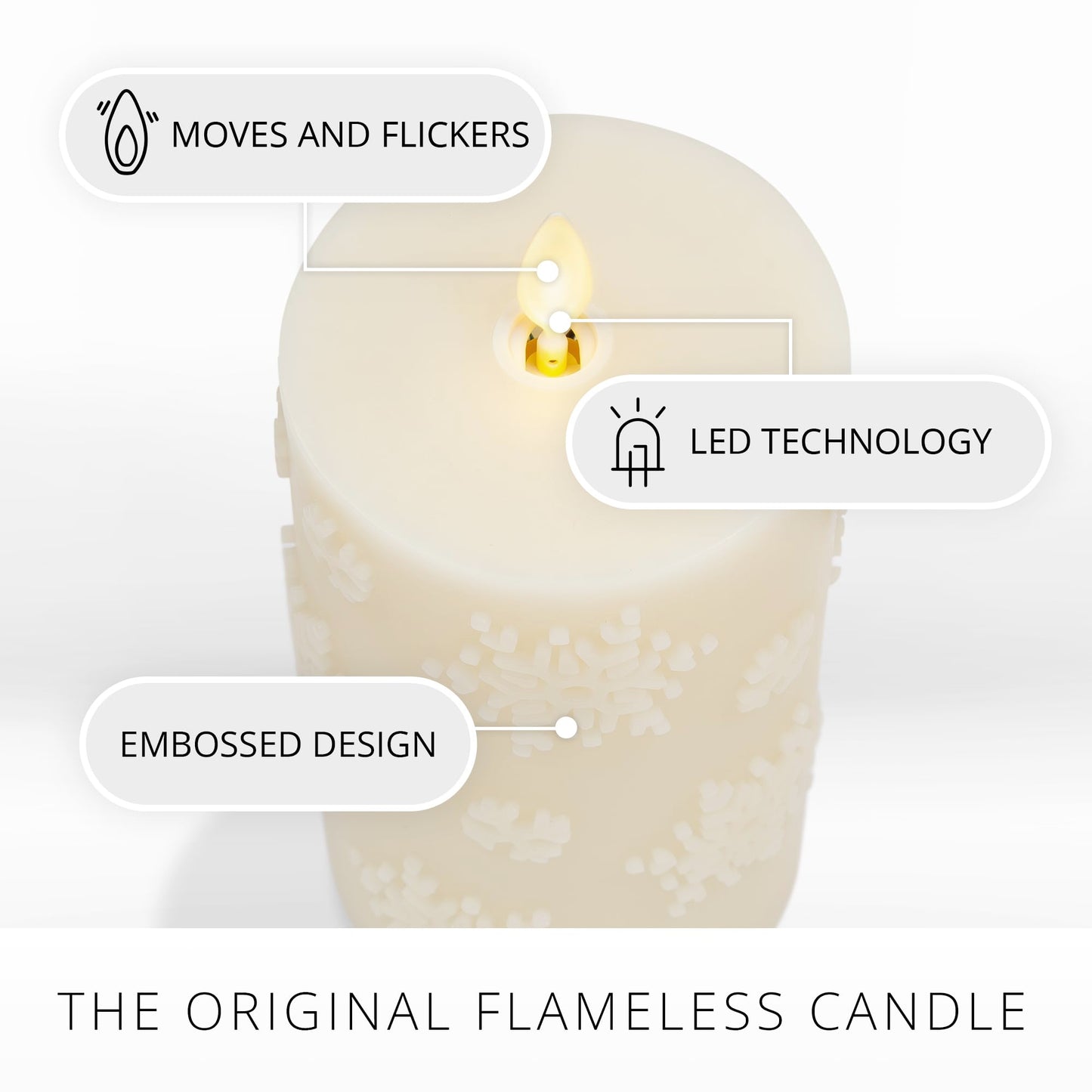 Luminara White Swan Snowflake Embossed Flameless LED Candle, 3.2" x 6.5", Moving Flame, Safe Timer Feature, Real Wax, Battery Operated Home Décor