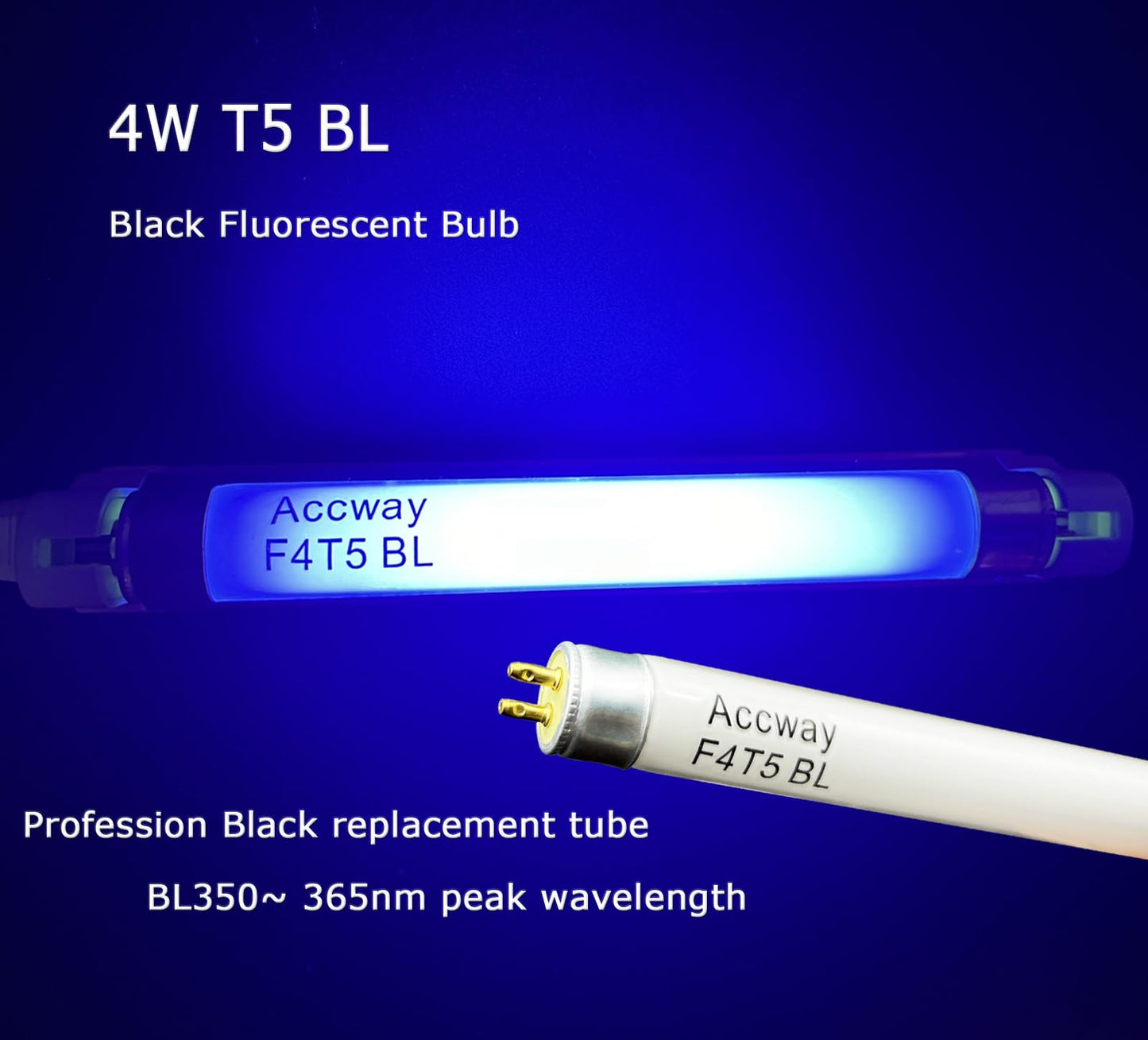 Accway 6'' F4T5/BL Fluorescent Bulb 4Watt 350BL,F4W Black Blue Light Lamp,FL4NL- T5 Linear Tube -G5 Mini Bi Pin Base (4pack)