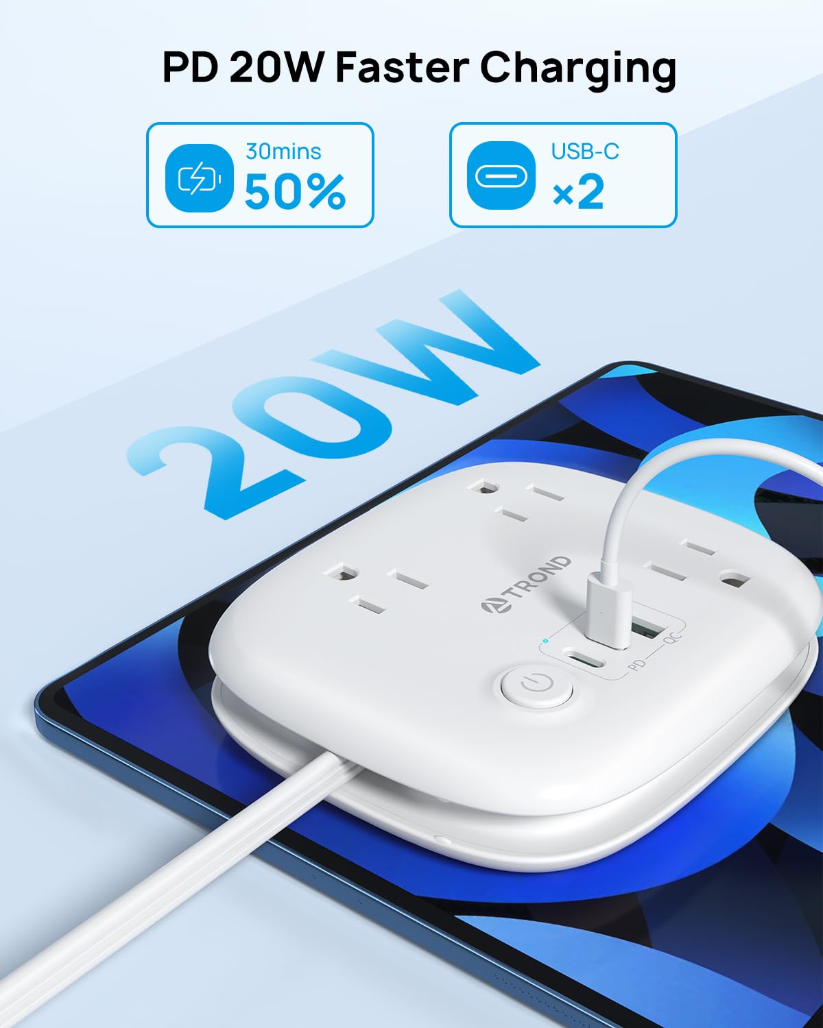 TROND Travel Power Strip with PD 20W USB C, Extension Cord with 3 Widely Spaced Outlets and Fast Charging USB, 2.6FT Wrapped Around Power Strip