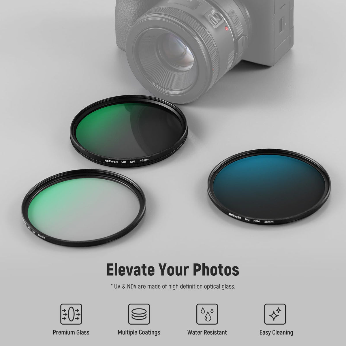 NEEWER 46mm UV/CPL/ND Lens Filter Kit with Hard Shell Storage Case, Multicoated Optical Glass & Aluminum Alloy Frame, UV + Circular Polarizer (CPL) +