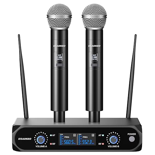 Aokeo Wireless Microphone System, Metal Wireless Mic Set with Case,Handheld Cordless Dynamic Microphones for Singing, Karaoke, Church, DJ,100ft Range