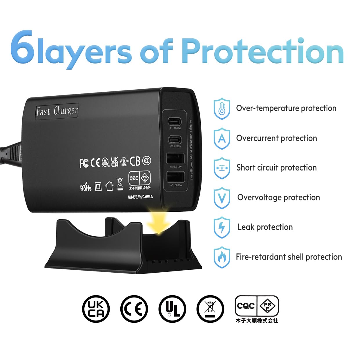 USB C Fast Charger Block 100W Full Power Independent Output Charging Station for Multiple Devices, 4 Port Desktop Charging Station Portable Multi