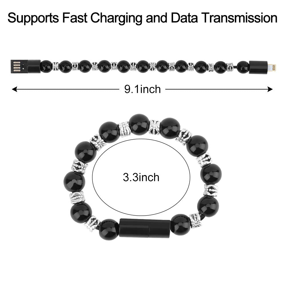 Charging Bracelets Cable Charger Cord Fashion Prayer Beads Wrist Line Black (for Apple)