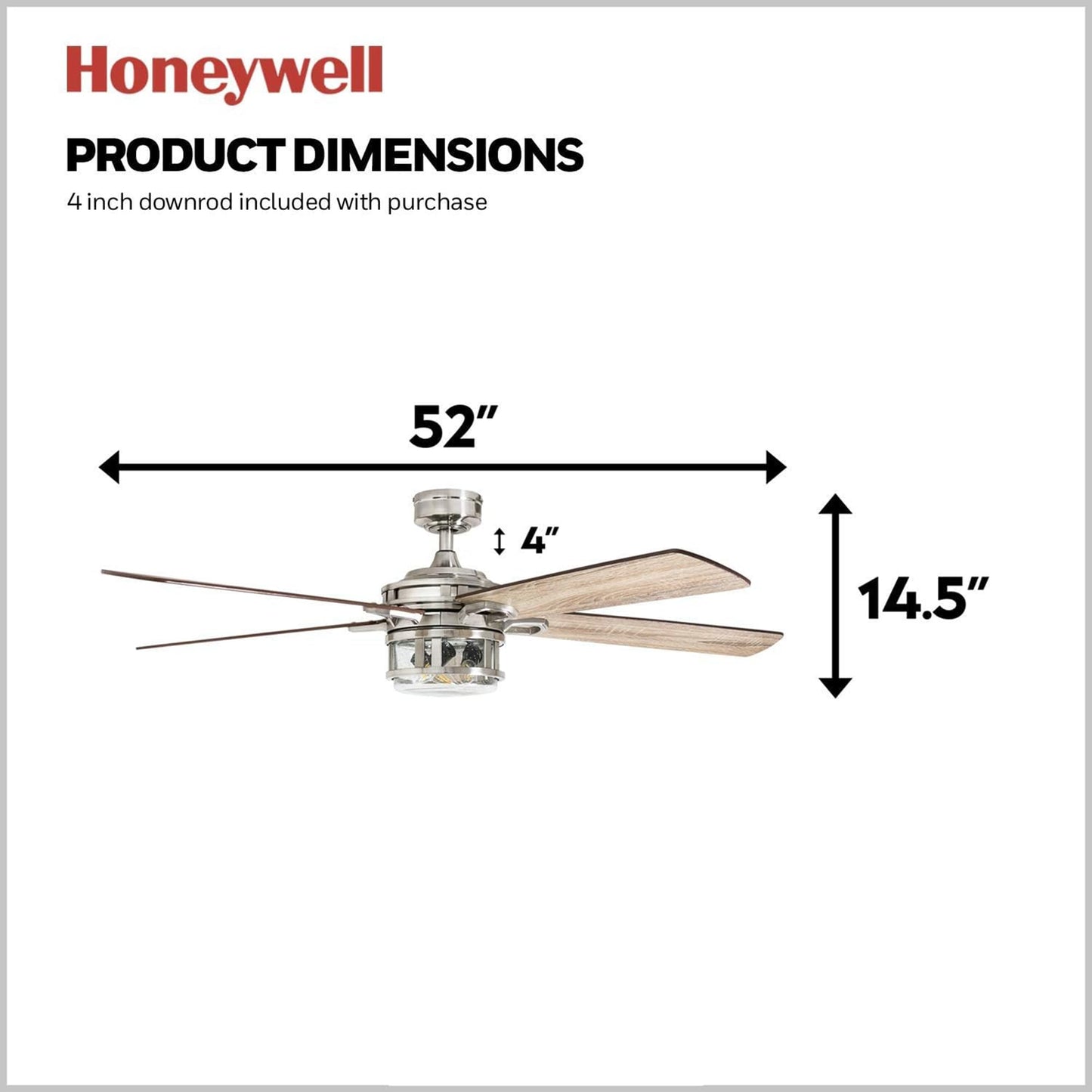 Honeywell Ceiling Fans Bonterra Modern 52 Inch Ceiling Fan with Light, Remote Control, LED Indoor Fan with 5 Blades, Light Brown Pine and Brown