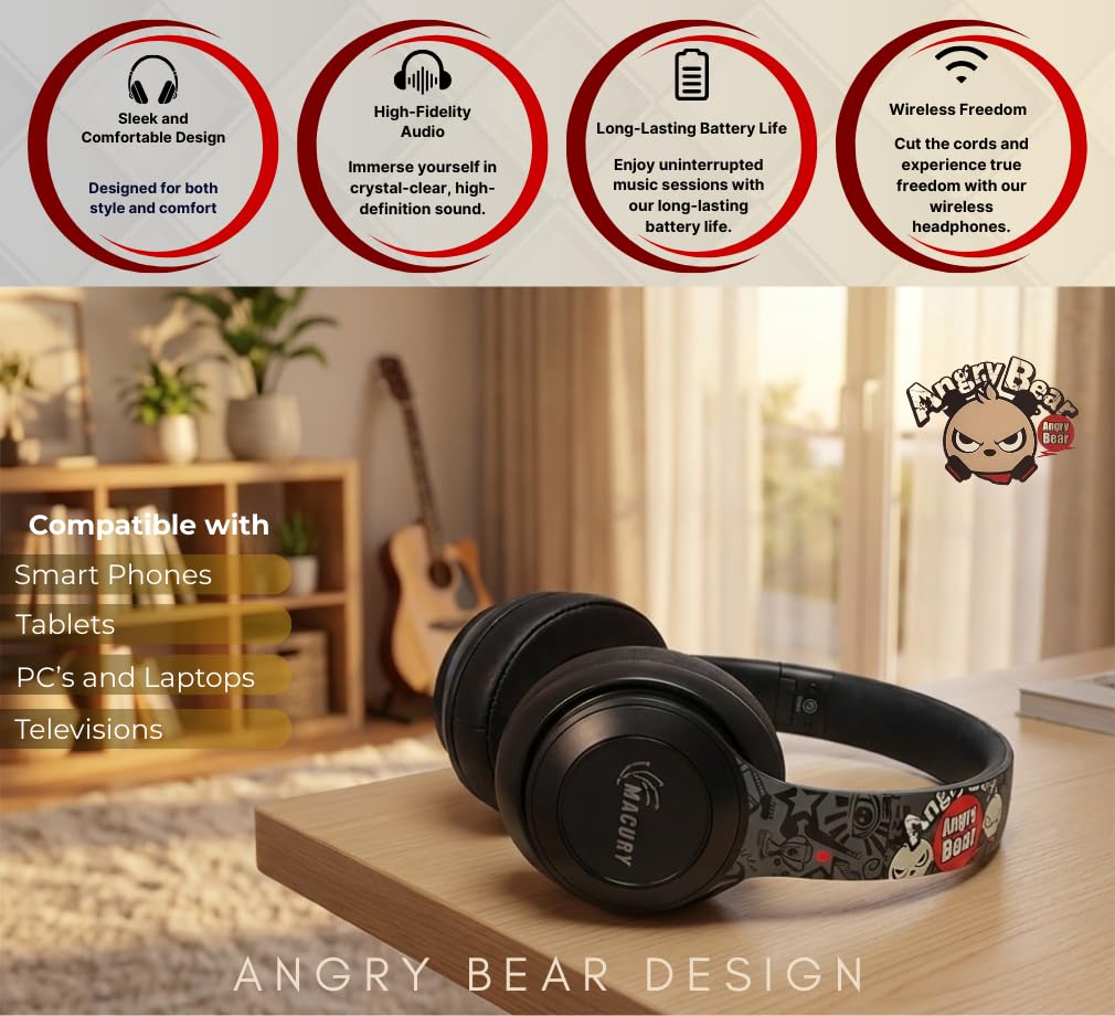 Macury Bluetooth Headphone, Over Ear, Foldable, Adjustable. Glowing Led Light, Noise Cancelling, HiFi Sound Quality (Black)