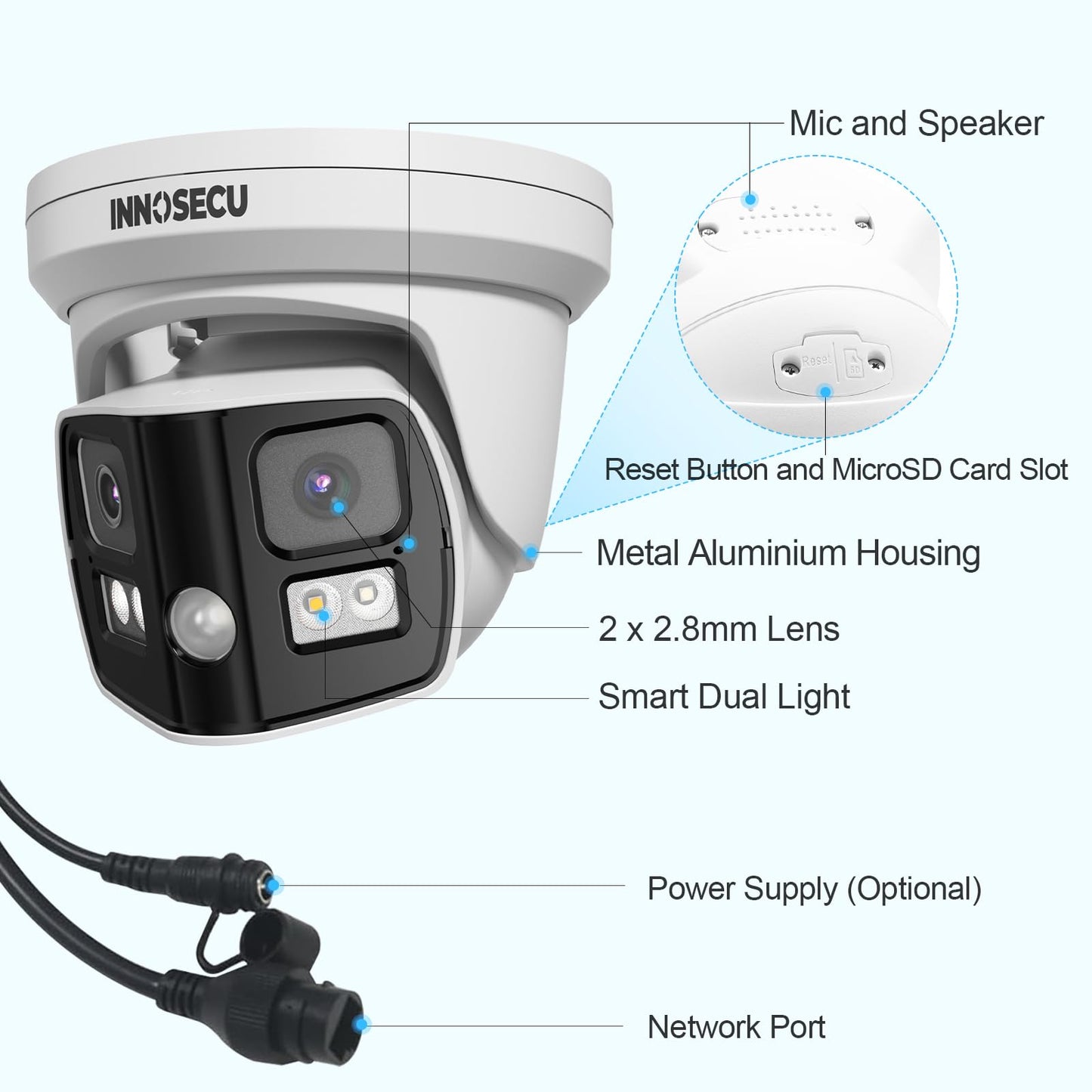 INNOSECU 8MP Dual Lens IP PoE Camera, Outdoor Dome Security Dome Camera with 180° Panoramic View, Waterproof IP67, Light Color Night Vision, Two-Way